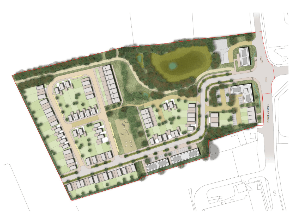 Birds eye view graphic of estate development in Cambridgeshire